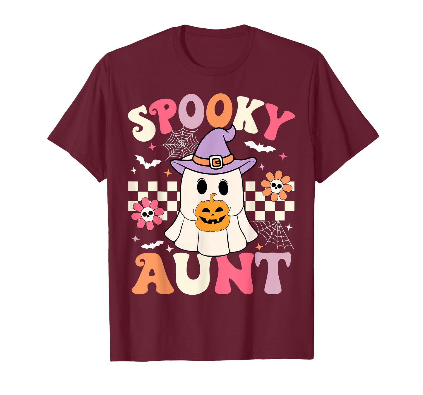 Groovy Spooky Aunt Ghost Holding Pumpkin Halloween Aunt T-Shirt