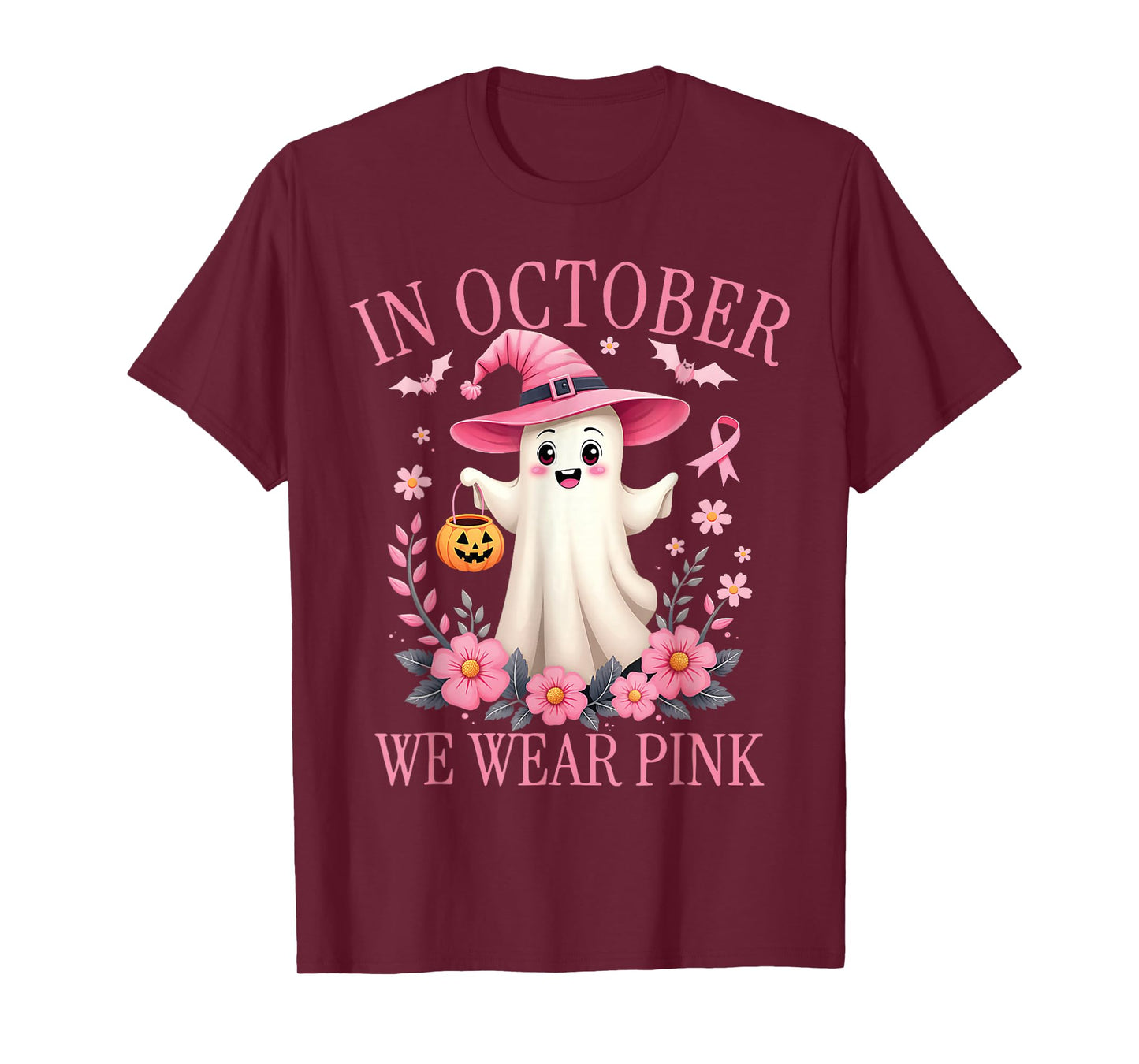 in October We Wear Pink Ghost Witch Breast Cancer Awareness T-Shirt