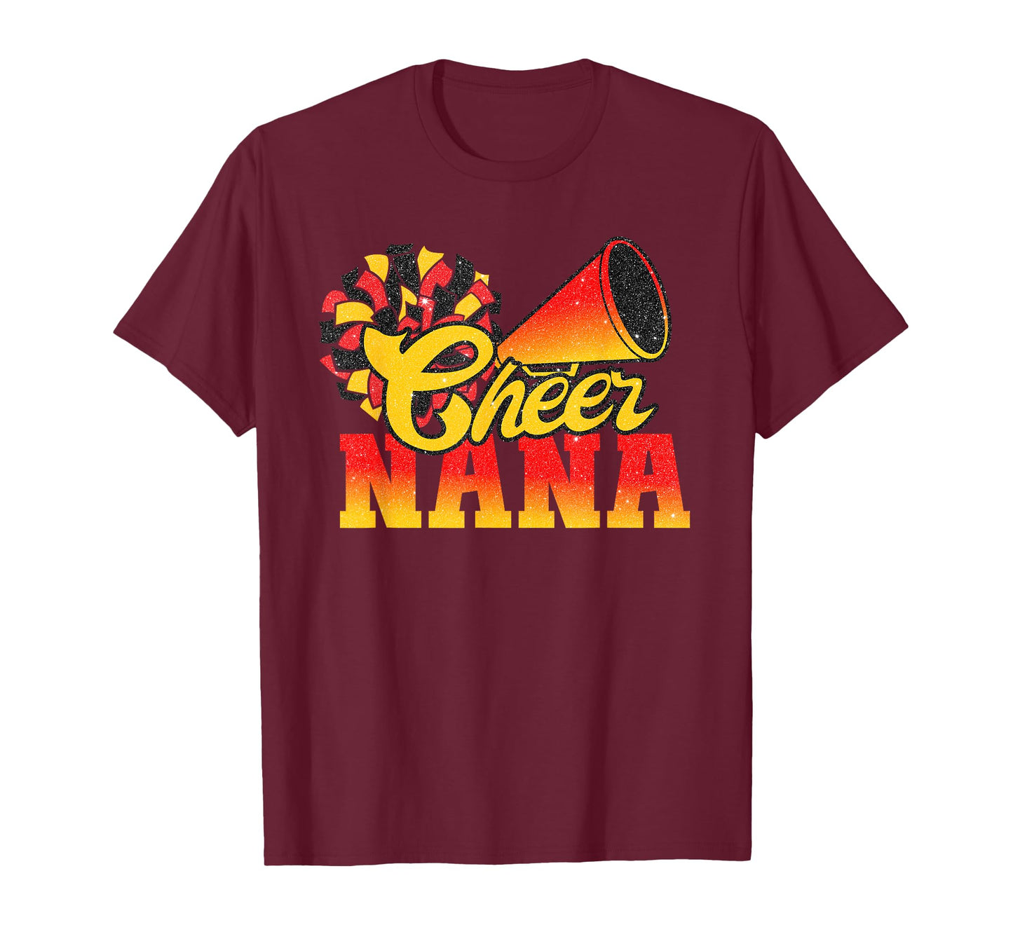 Cheer Nana Biggest Fan Cheerleader Orange Red Gold Pom Pom T-Shirt
