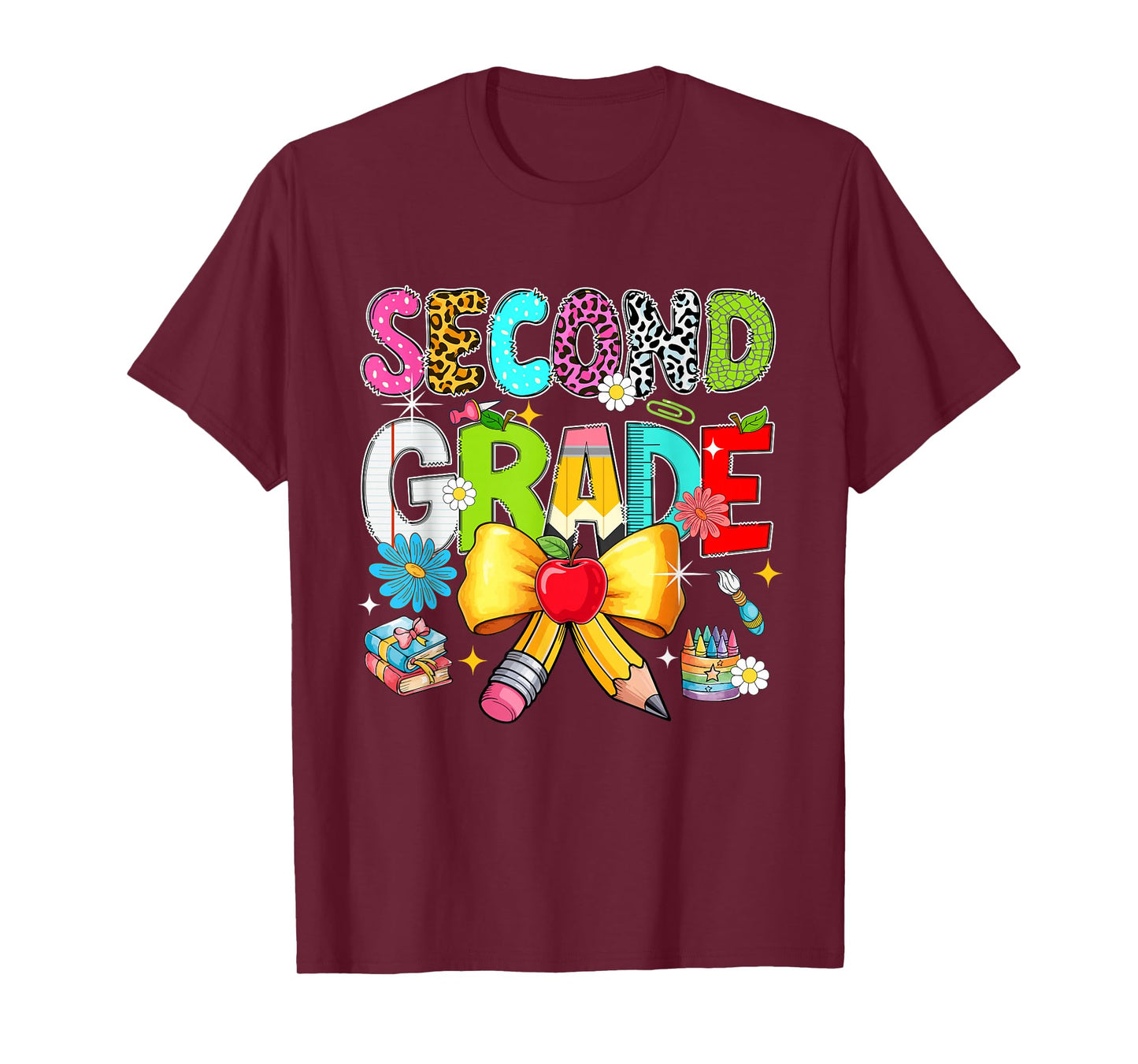 Second Grade Colorful Leopard Pencil Bow Tie Student Teacher T-Shirt