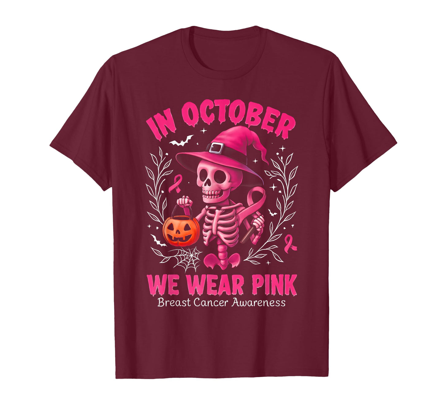 in October We Wear Pink Breast Cancer Women Girls Halloween T-Shirt