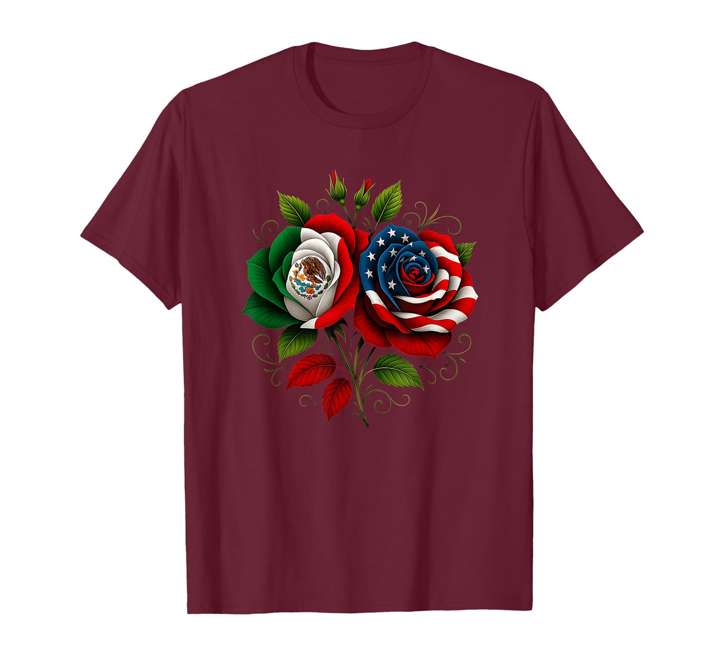 Mexico USA Flag Mexican Flag American Flag Rose Flower T-Shirt