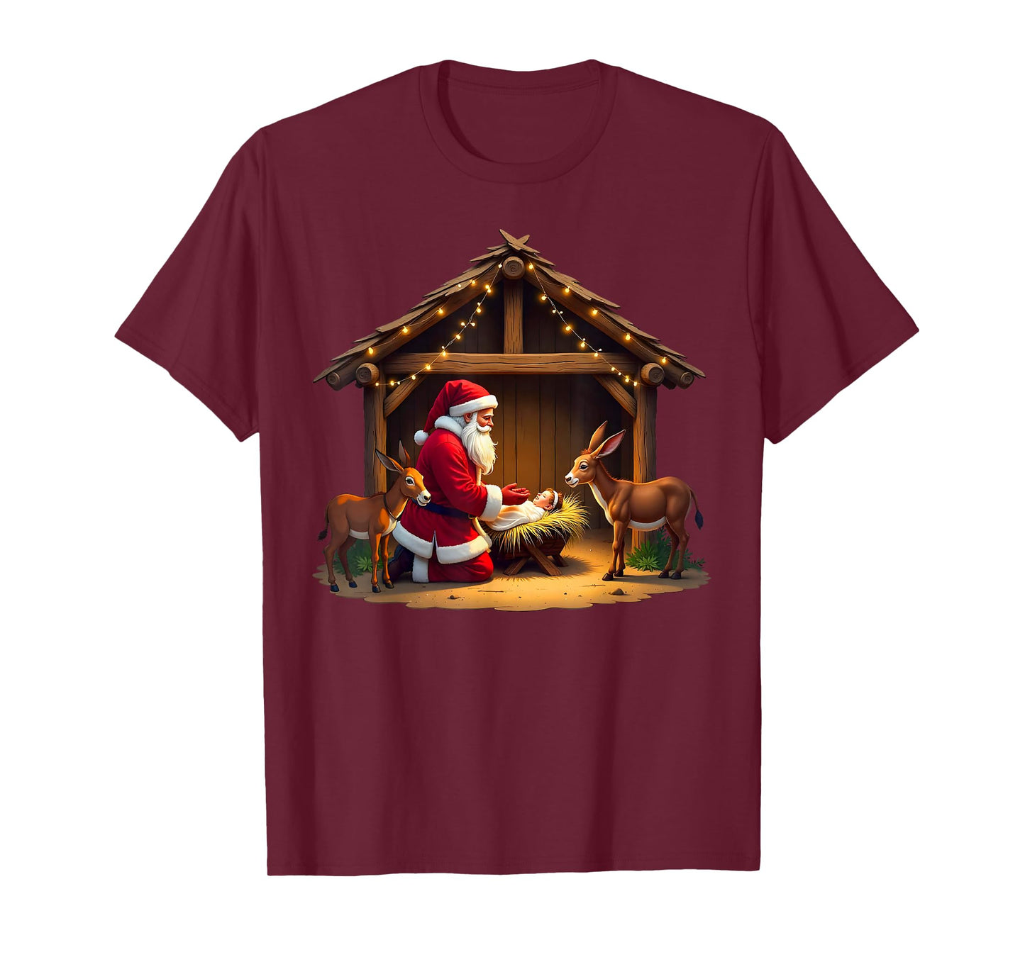 Kneeling Santa Claus & Baby Jesus Merry Christmas Christians T-Shirt