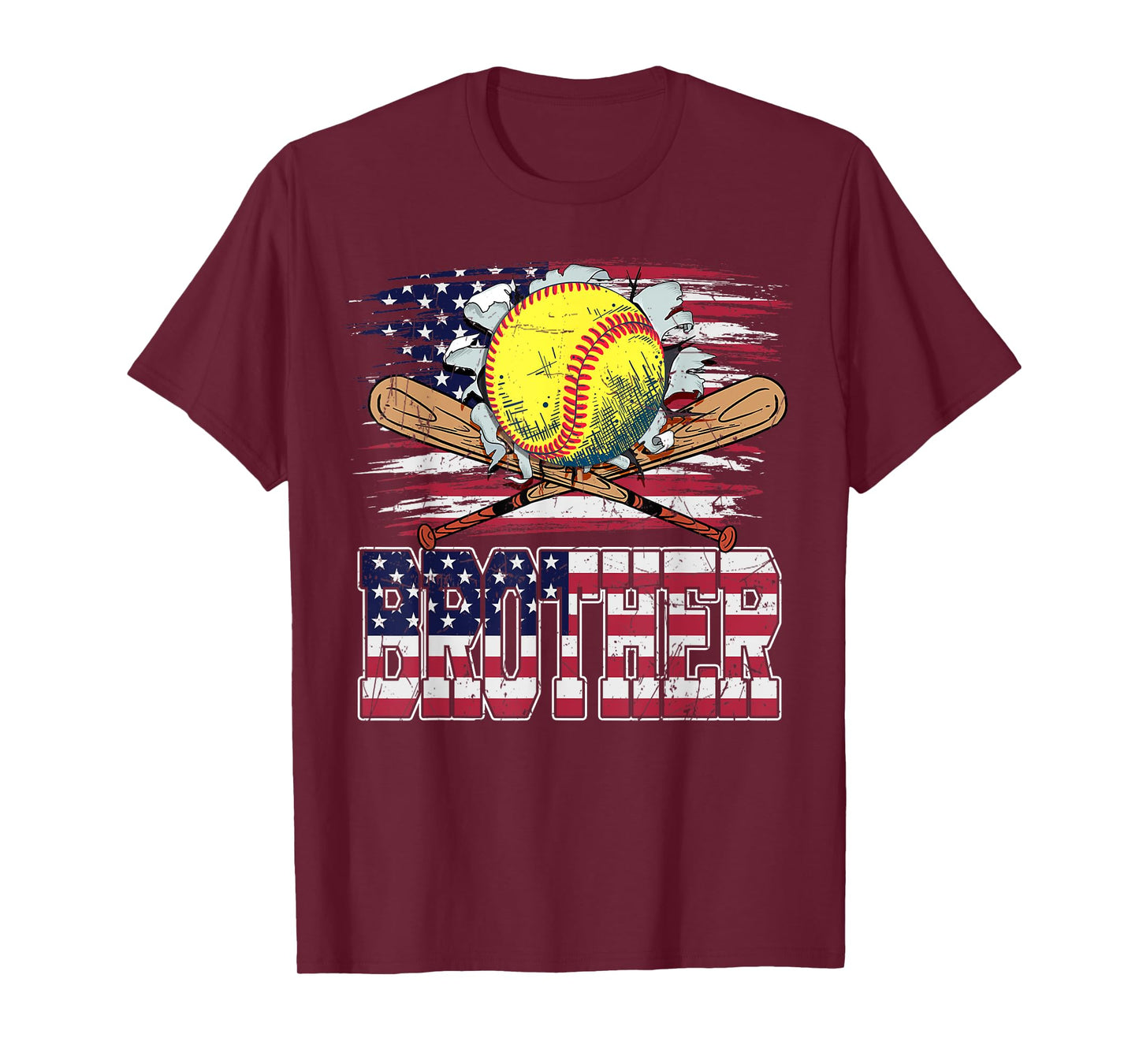 Softball Brother Vintage USA American Flag 4th Of July Women Kids Men T-Shirt