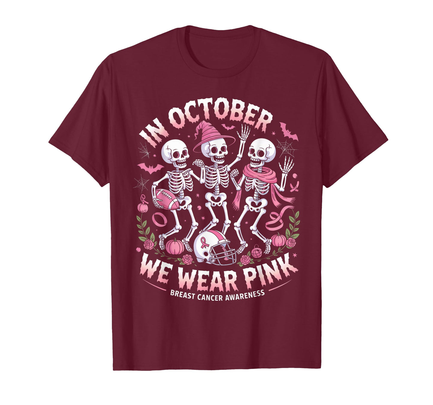 in October We Wear Pink Halloween Skeleton Breast Cancer T-Shirt