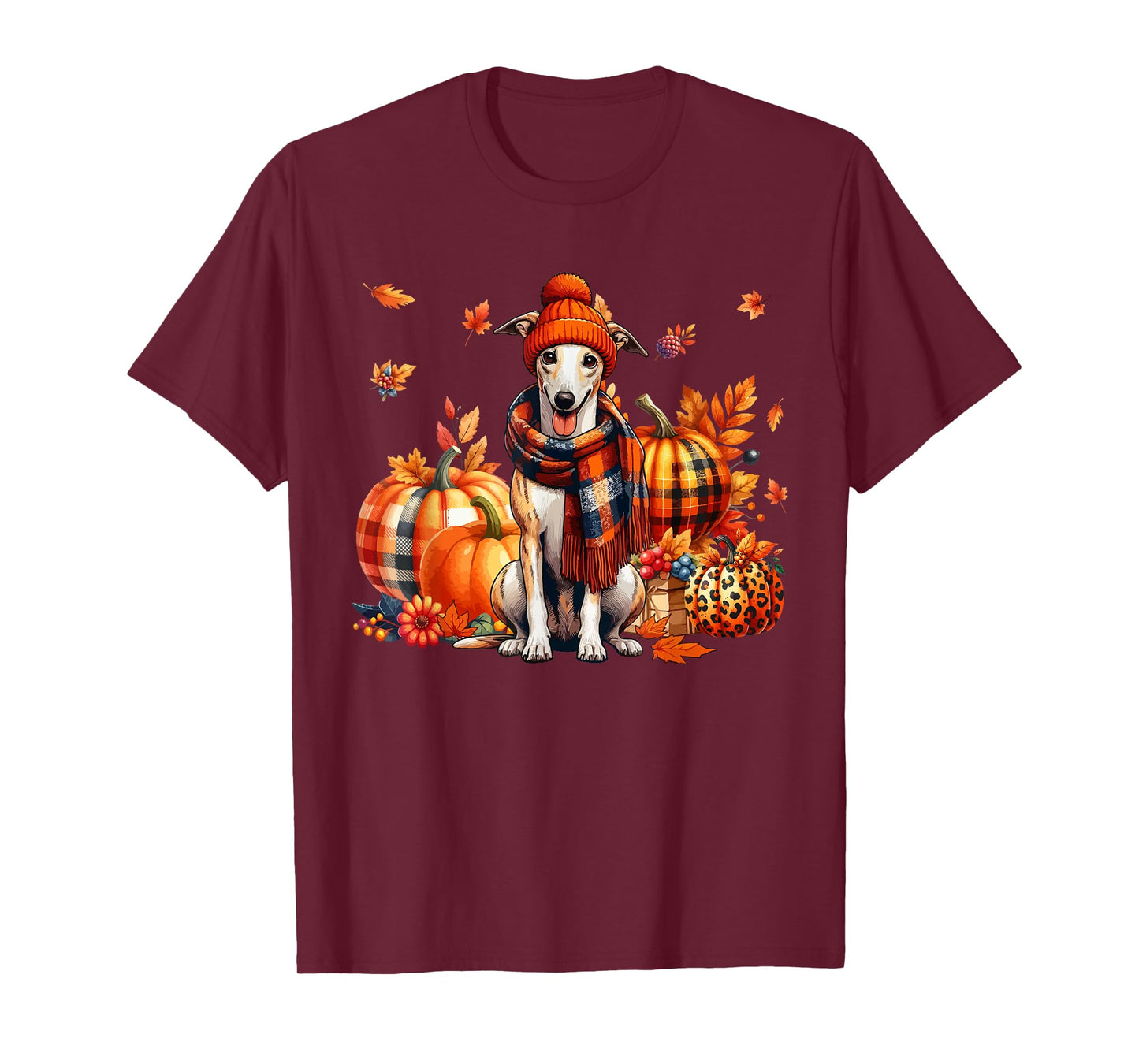 Whippet Thanksgiving Leopard Pumpkins Fall Leaves Lover T-Shirt