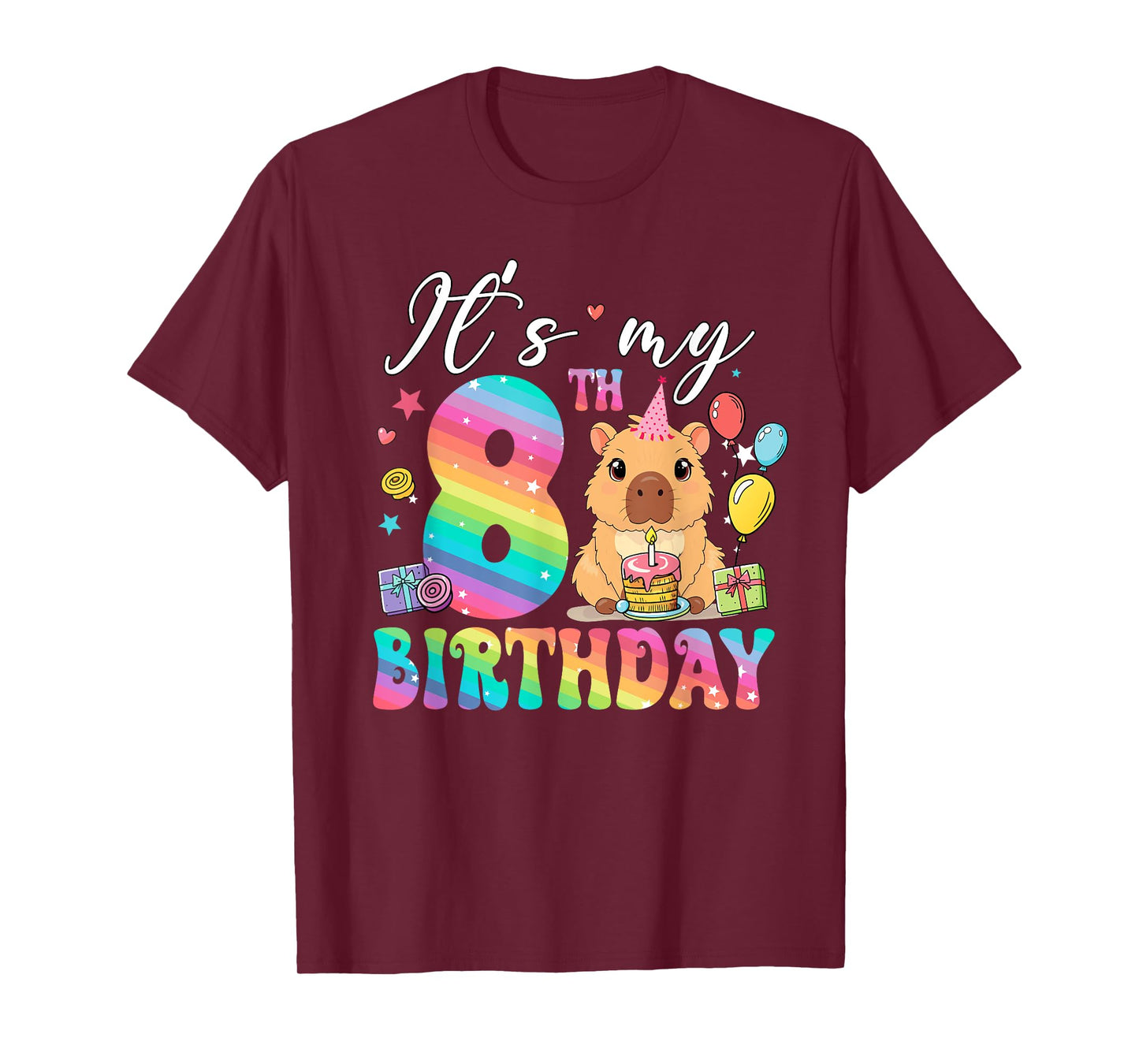 Its My 8th Birthday Capybara Rainbow Funny 8 Year Old Bday T-Shirt
