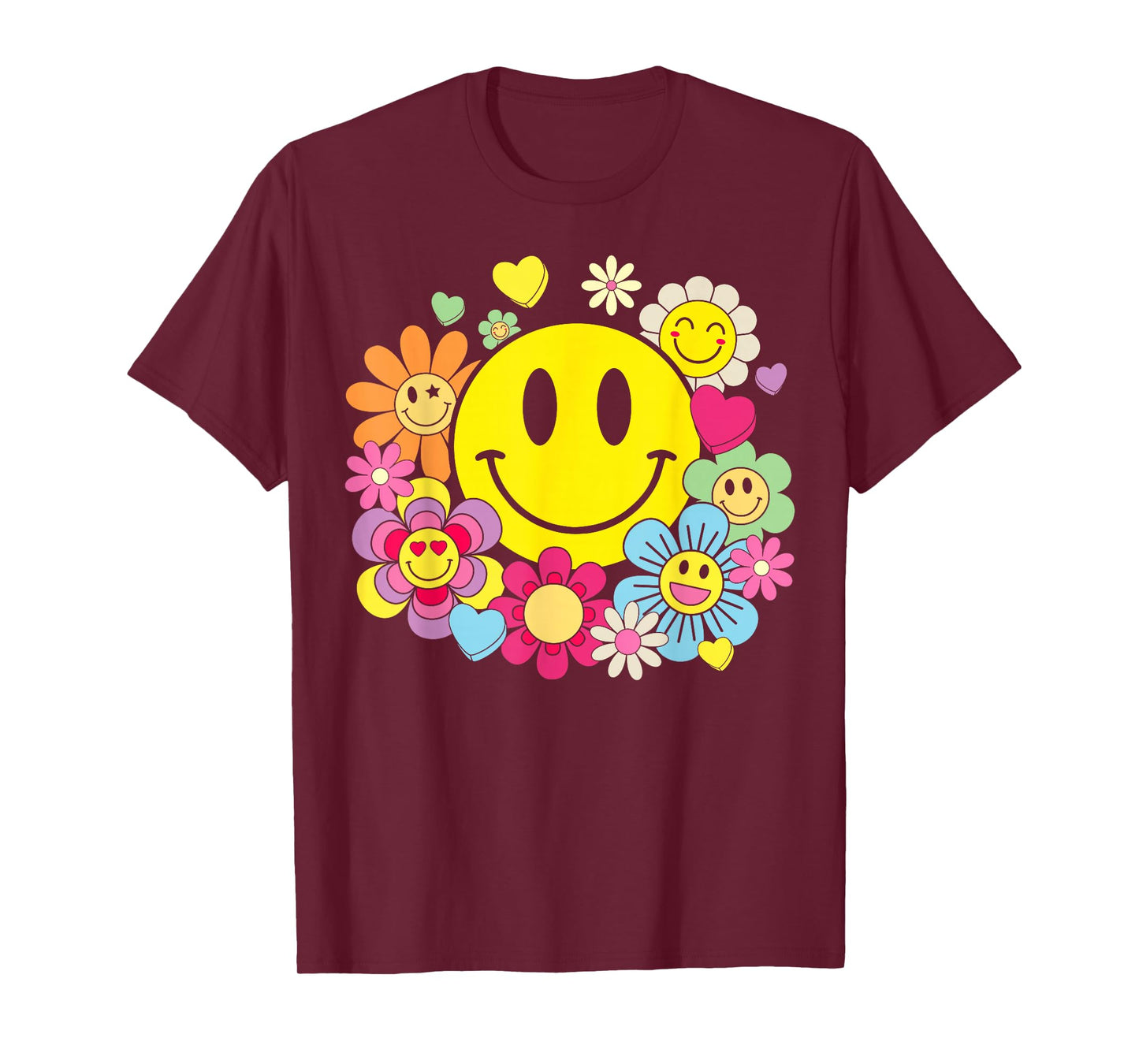 Retro Smile Face Flower Happy Face Flowers Heart Kids Girls T-Shirt