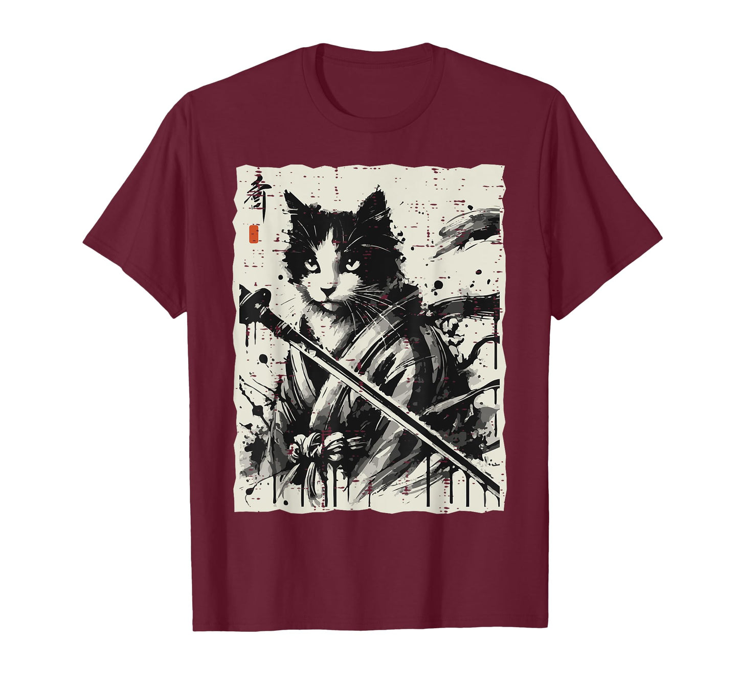 Japanese Ink Cat Warrior Katana Vintage Art Women Men Kids T-Shirt