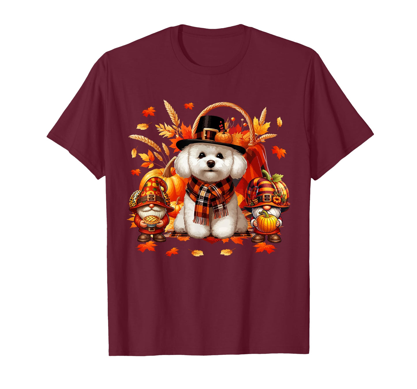 Thanksgiving Bichon Frise With Gnomes Fall Leaves Pumpkins T-Shirt