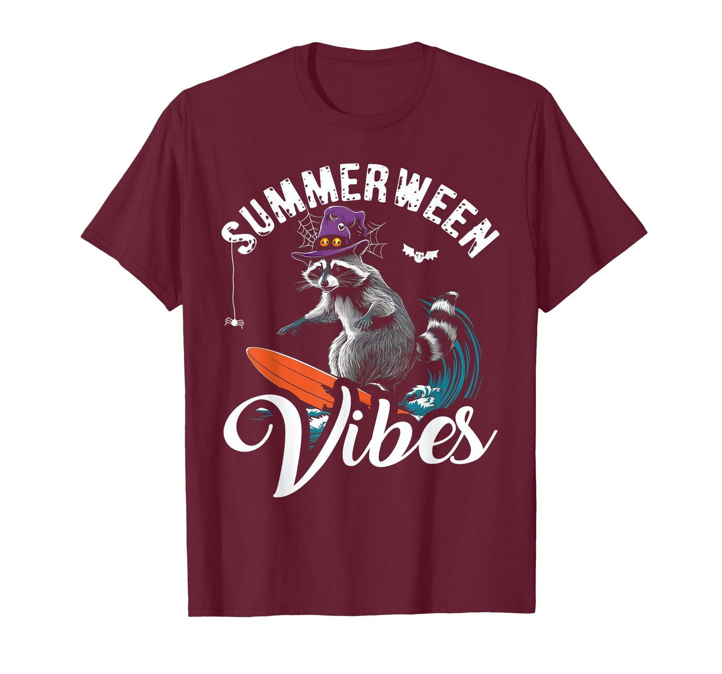 Summerween Vibes Raccoon Surfing Summer Halloween Vacation T-Shirt