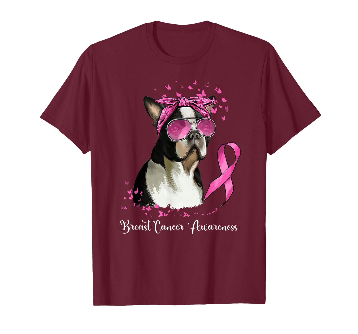 Boston Terrier Dog Lover Pink Ribbon Breast Cancer Awareness T-Shirt