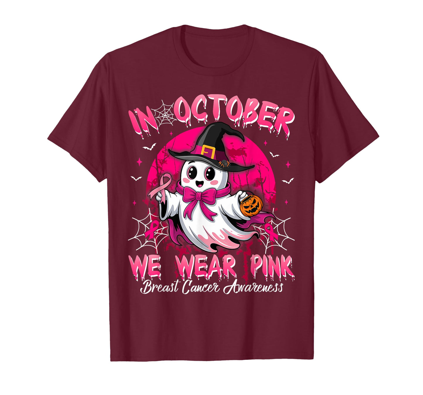 In October We Wear Pink Ghost Witch Breast Cancer Awareness T-Shirt