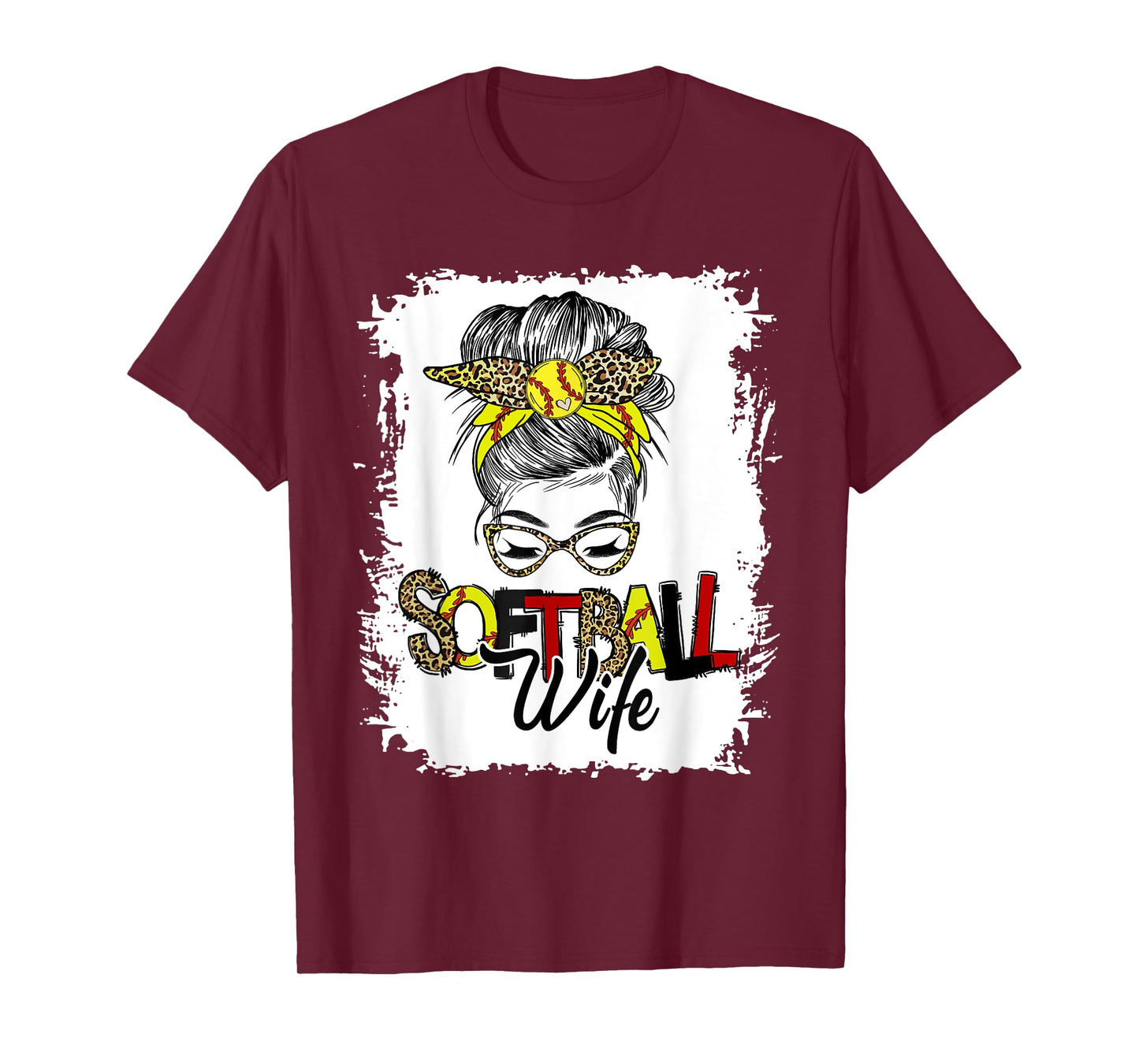 Softball Wife Life With Leopard Messy Bun Mother's Day T-Shirt