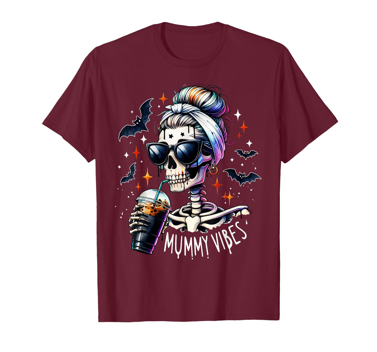 Mummy Vibes Skeleton Coffee Mom Spooky Season Halloween T-Shirt