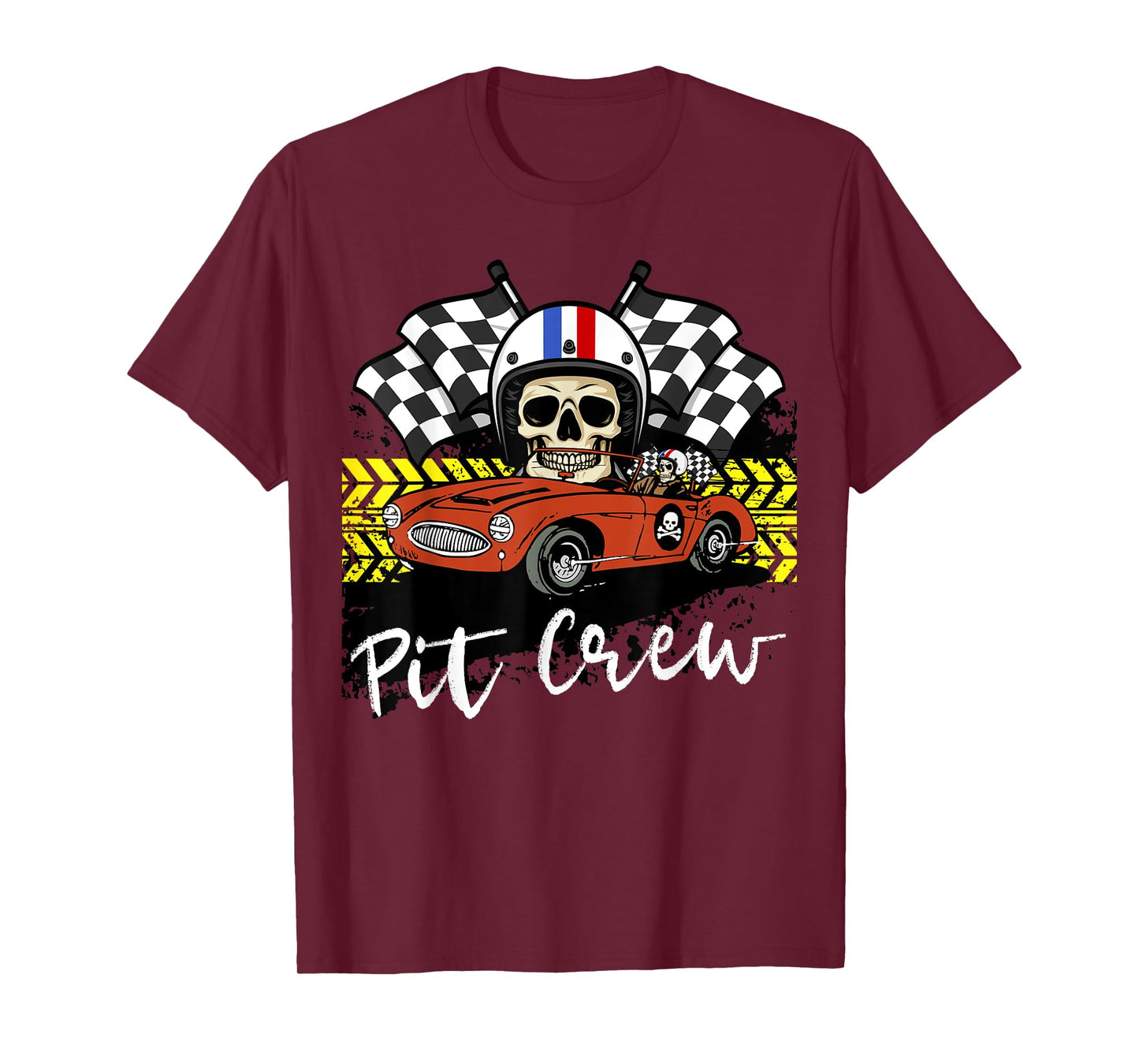 Skull Pit Crew Race car Skeleton Checkered Flag Halloween T-Shirt