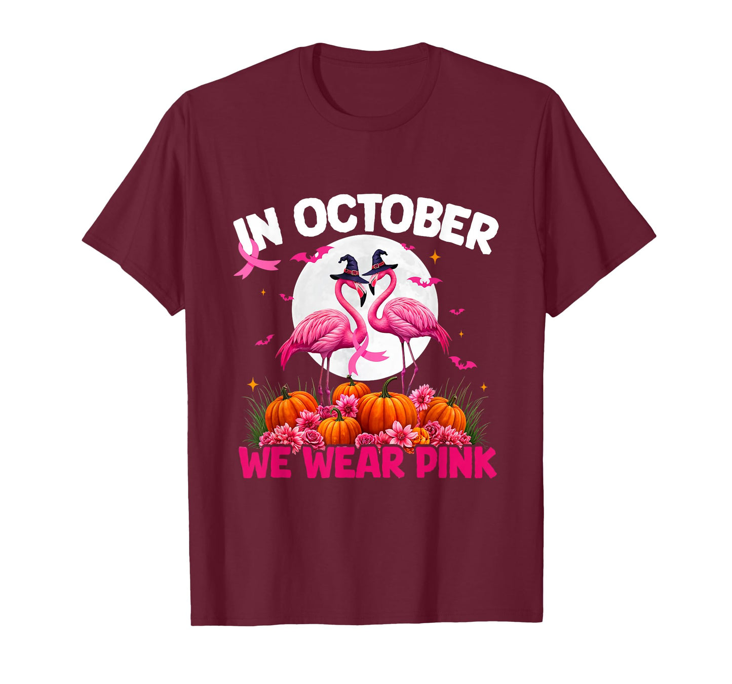 In October We Wear Pink Flamingo Witch Hat Breast Cancer T-Shirt