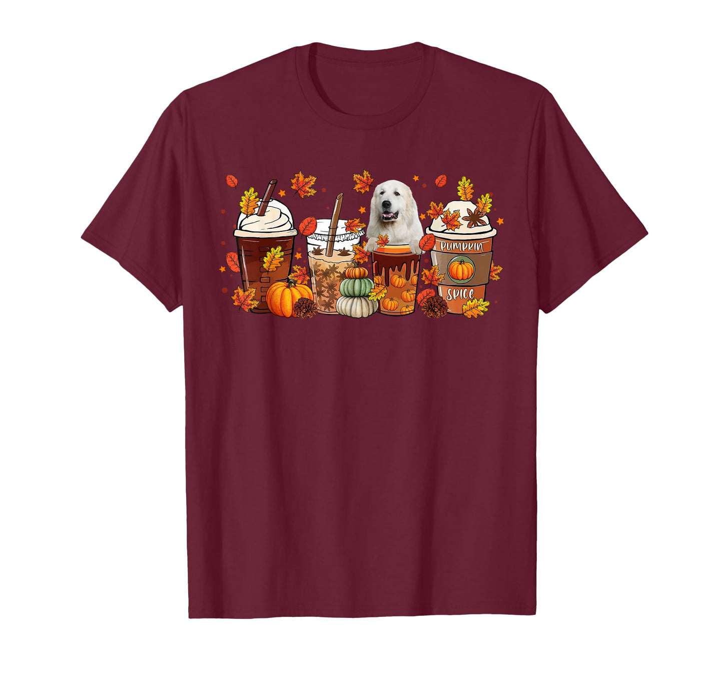 Cups Of Iced Latte & Great Pyrenees Fall Leaves Thanksgiving T-Shirt
