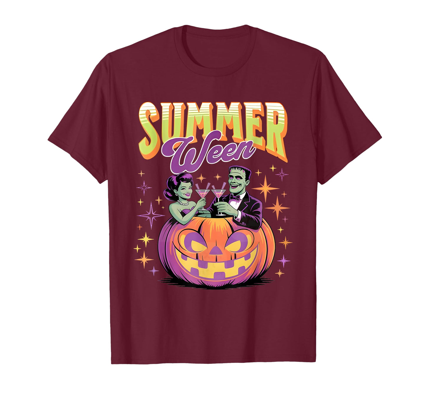 Retro Happy Summerween Funny Frankenstein Monster And Bride T-Shirt