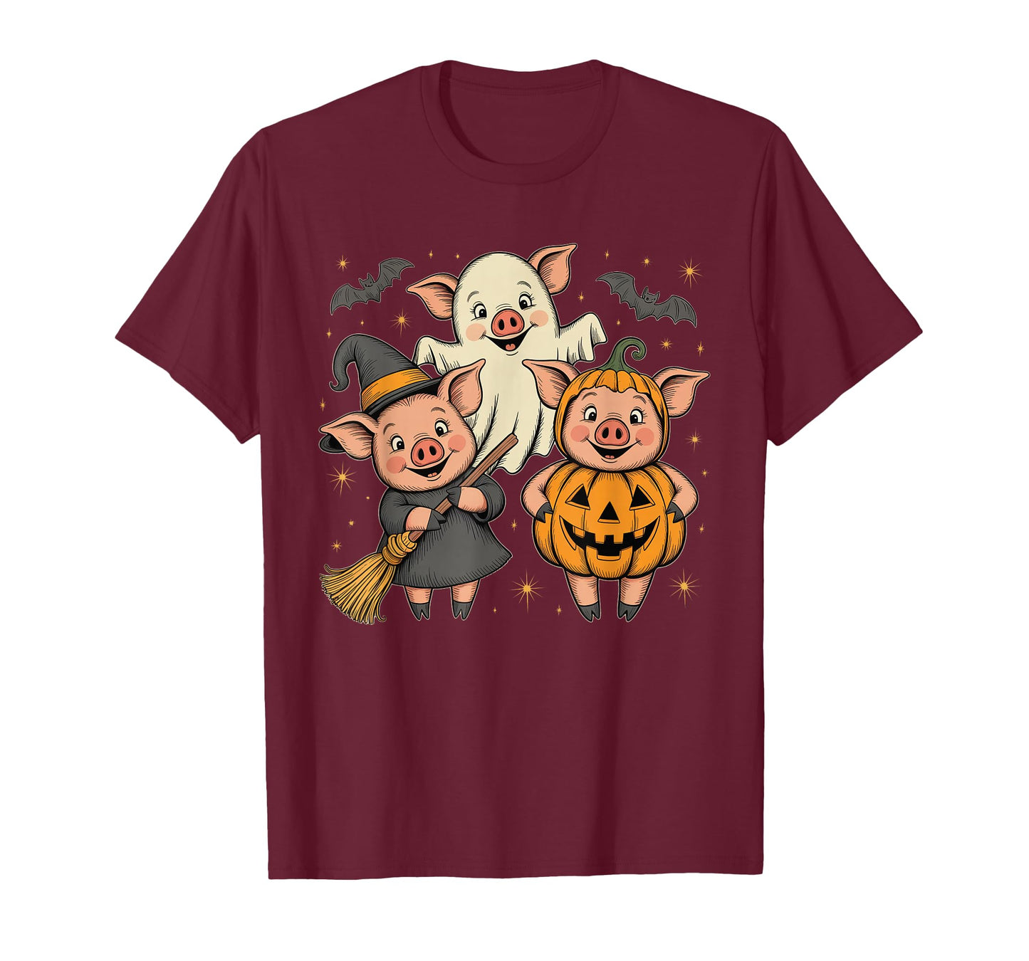 Three Halloween Pigs Cosplay Witch Boo Carved Pumpkin T-Shirt