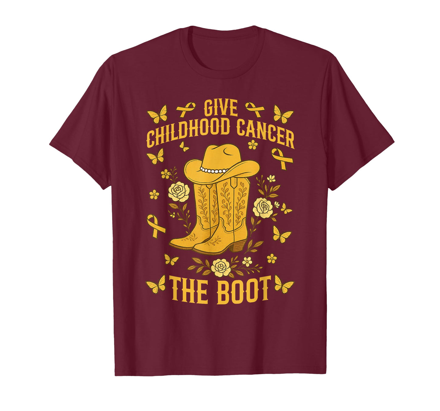 Vintage Give Childhood Cancer The Boot Cowgirl Gold Ribbon T-Shirt