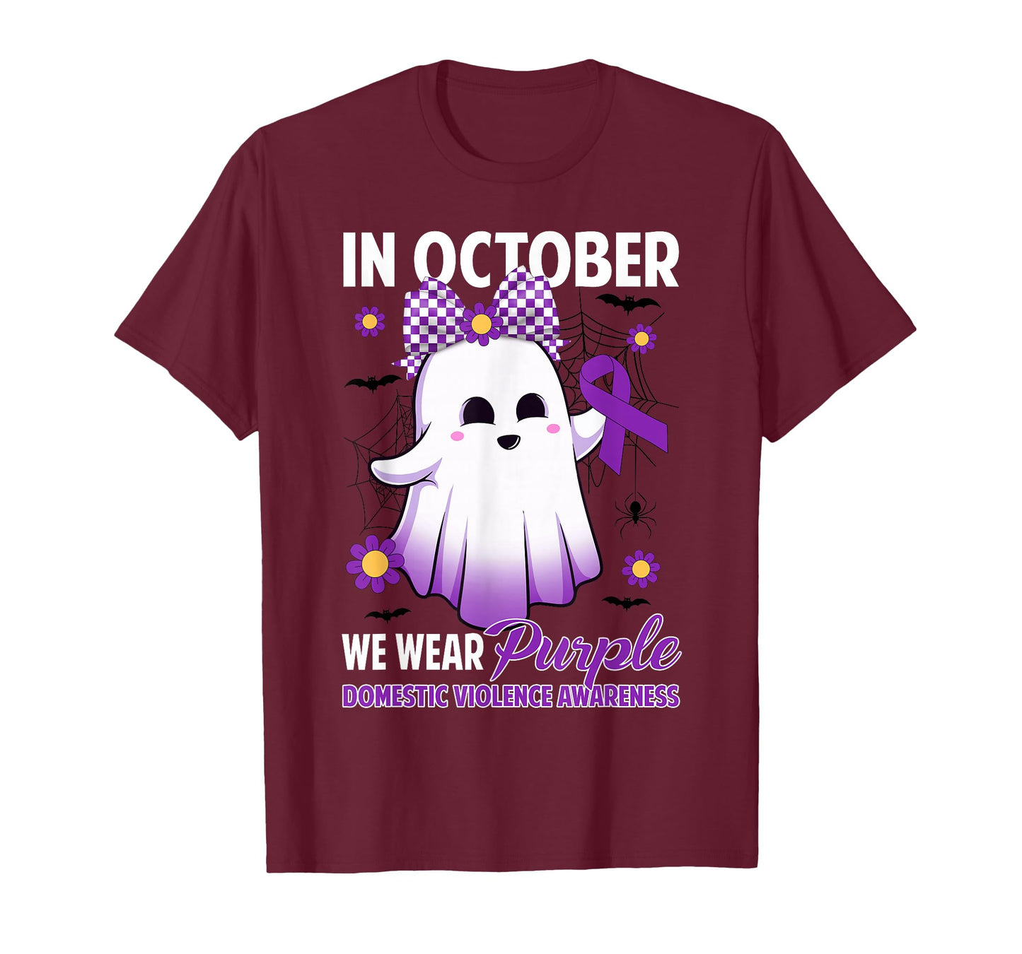 in October We Wear Purple Domestic Violence Halloween Ghost T-Shirt