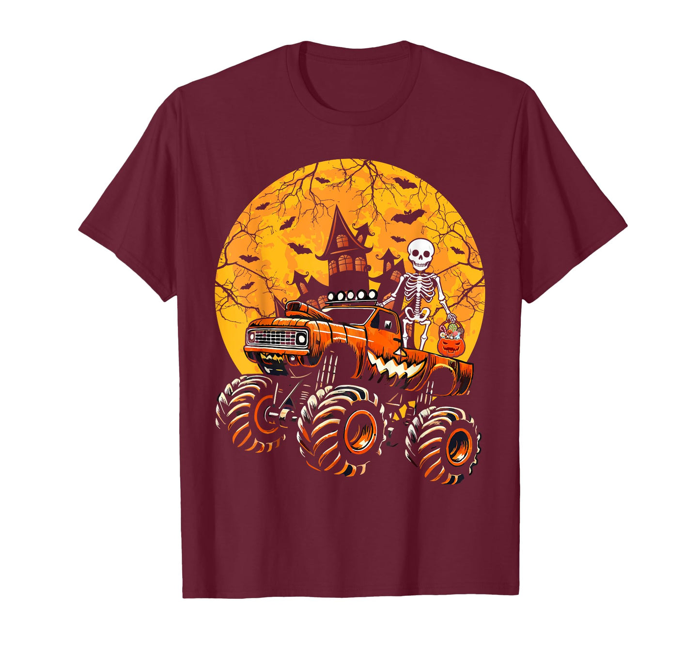 Halloween Skeleton Riding Monster Truck Pumpkin Boys Kids T-Shirt