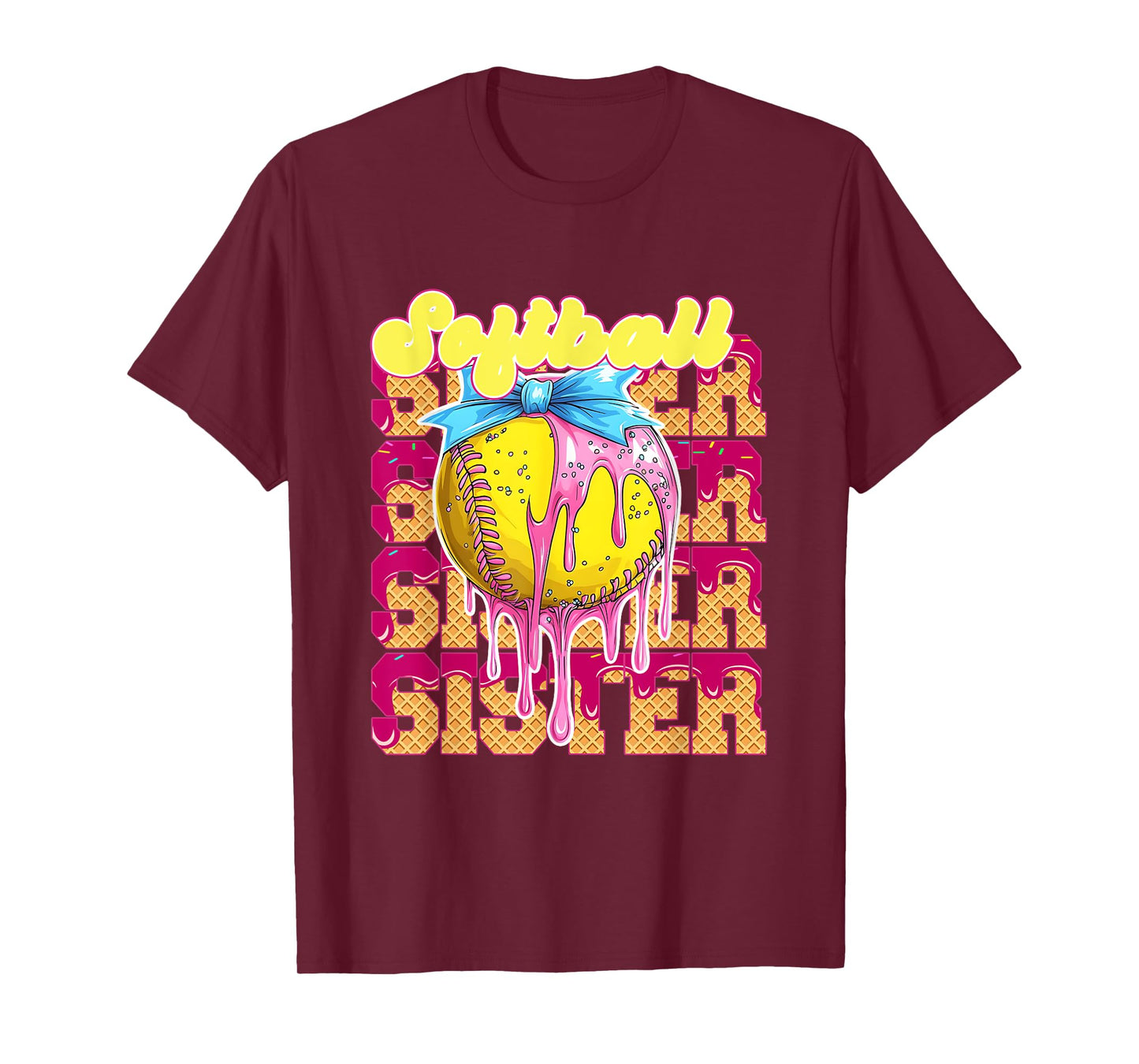 Softball Sister Ice Cream Drip Game Day Girl Bow Lil Sister T-Shirt