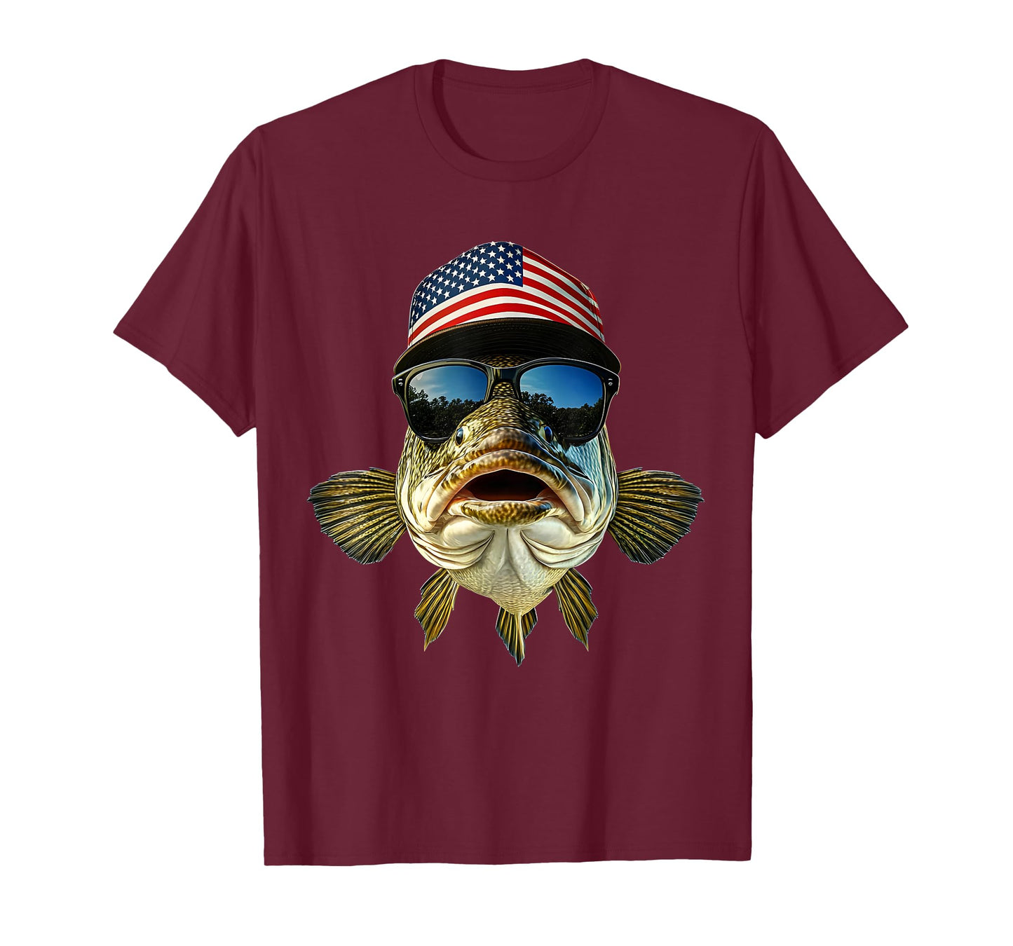 Bass Fishing Tee USA Flag American Hat Sunglasses Fisherman T-Shirt