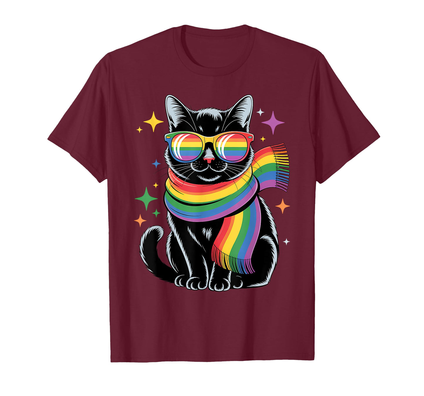 Cute Cat LGBTQ Rainbow Scarf and Glasses Gay Lesbian Pride T-Shirt