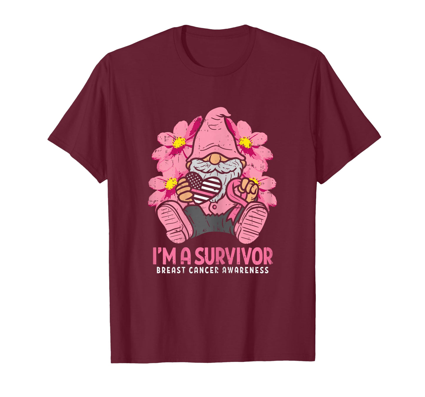 Breast Cancer Survivor Pink Ribbon Gnome US Flag Heart Gift T-Shirt