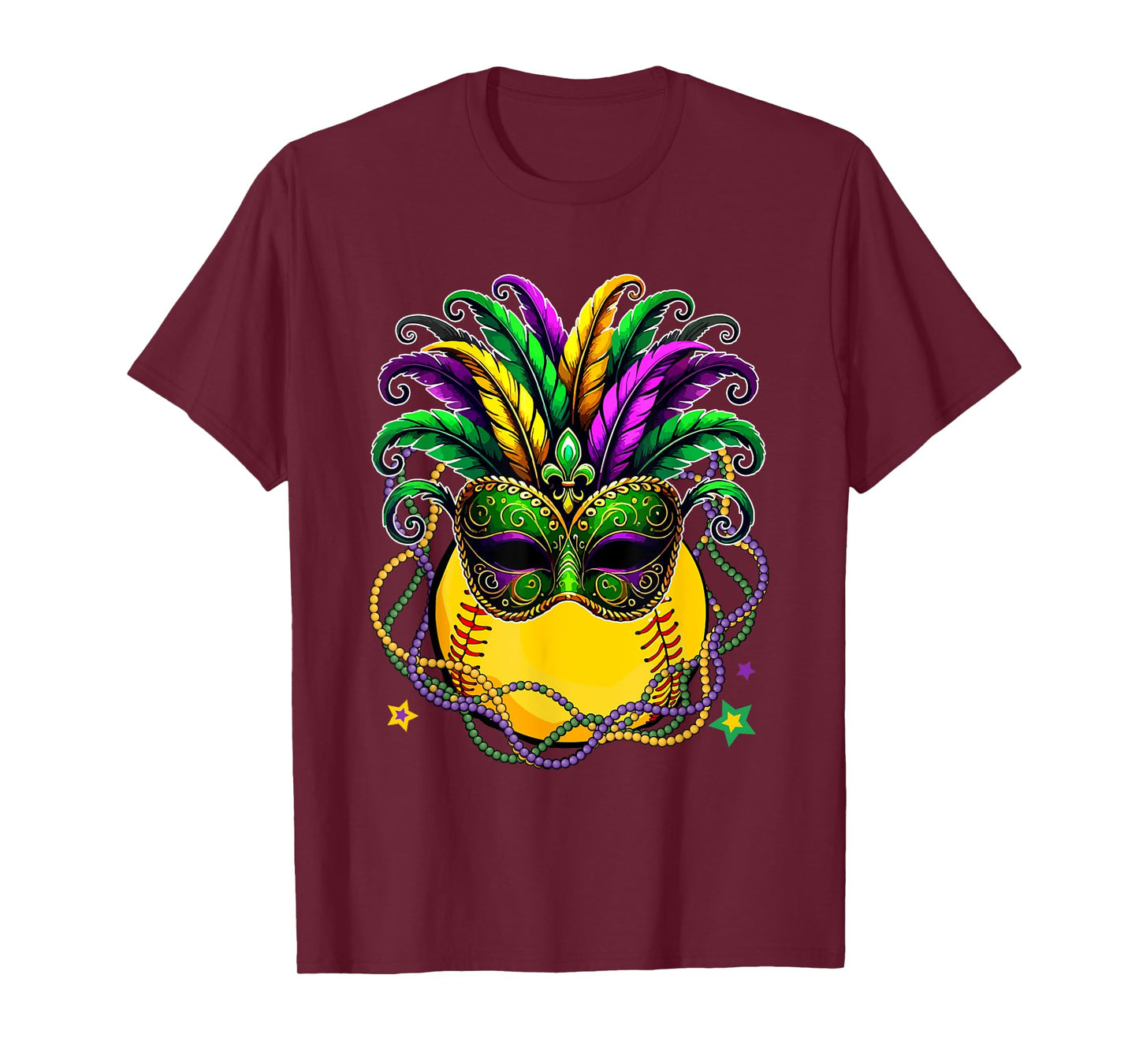 Softball Ball Wearing Mardi Gras Masked Beads Funny Player T-Shirt