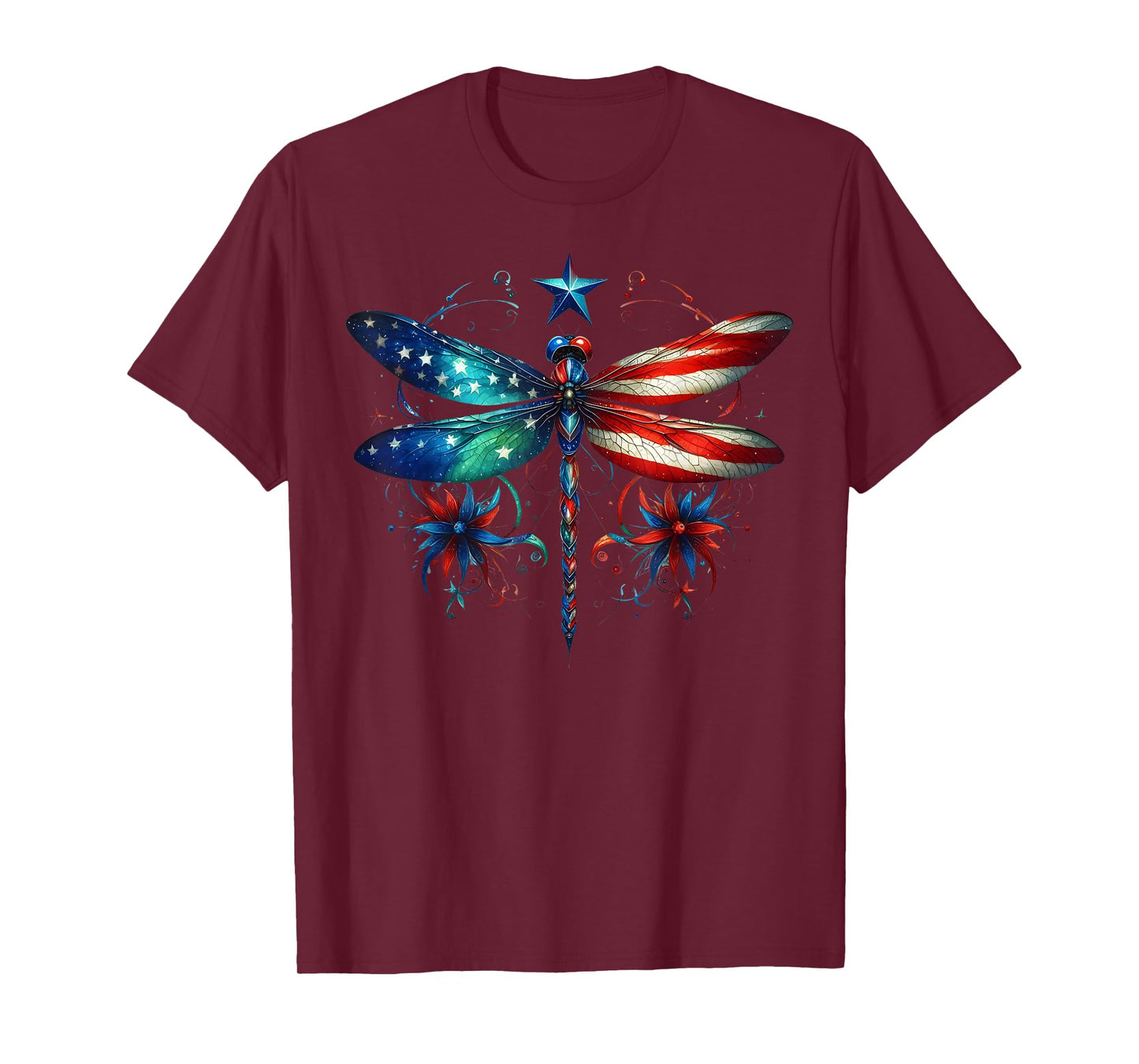 American Flag Dragonfly Patriotic 4th of July Red White Blue T-Shirt