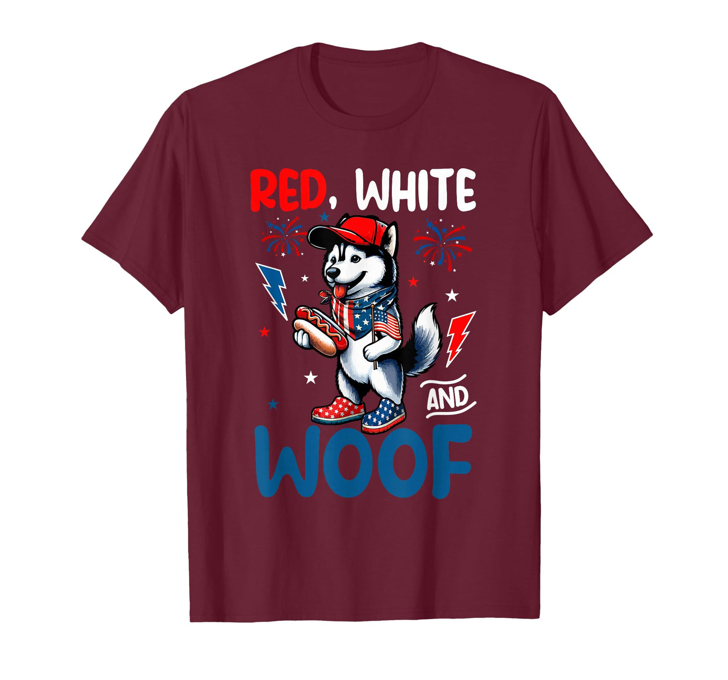 Red White And Woof 4th July US Flag Husky Eating Hotdog T-Shirt
