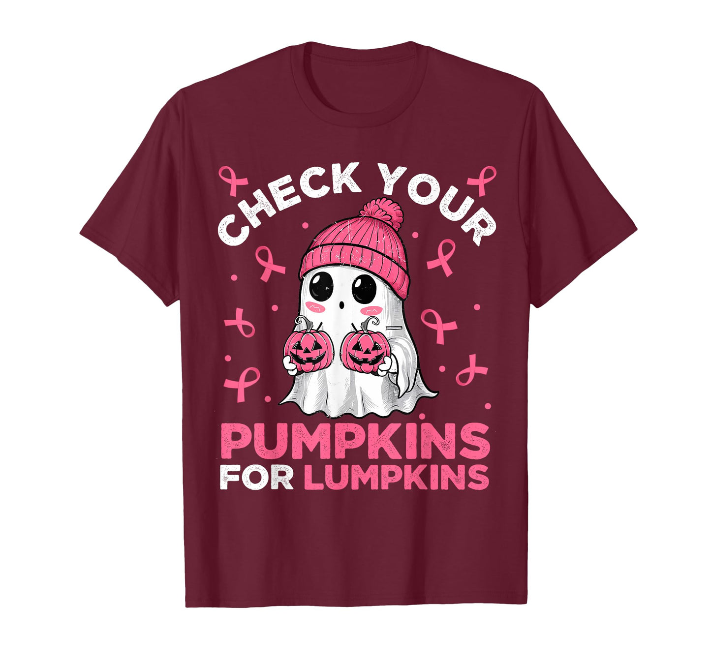 Breast Cancer Halloween Boo Ghost Check Your Pumpkins Womens T-Shirt