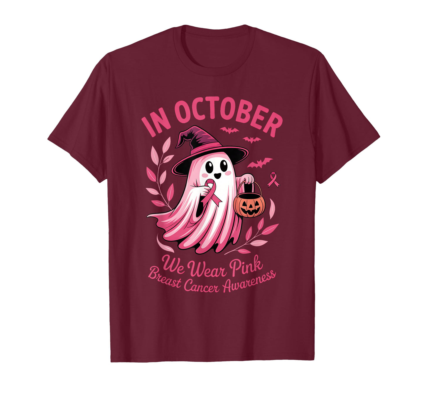 In October We Wear Pink Ribbon Ghost Halloween Breast Cancer T-Shirt