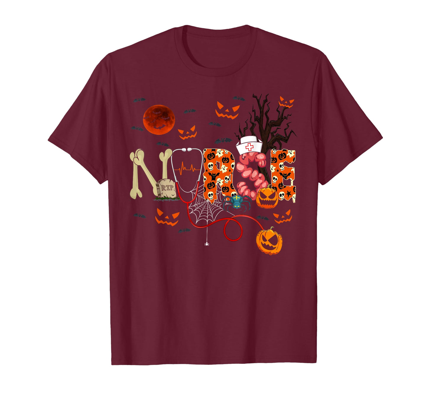 Nurse Funny Stethoscope Nurse Pumpkin Skull Lover Halloween T-Shirt
