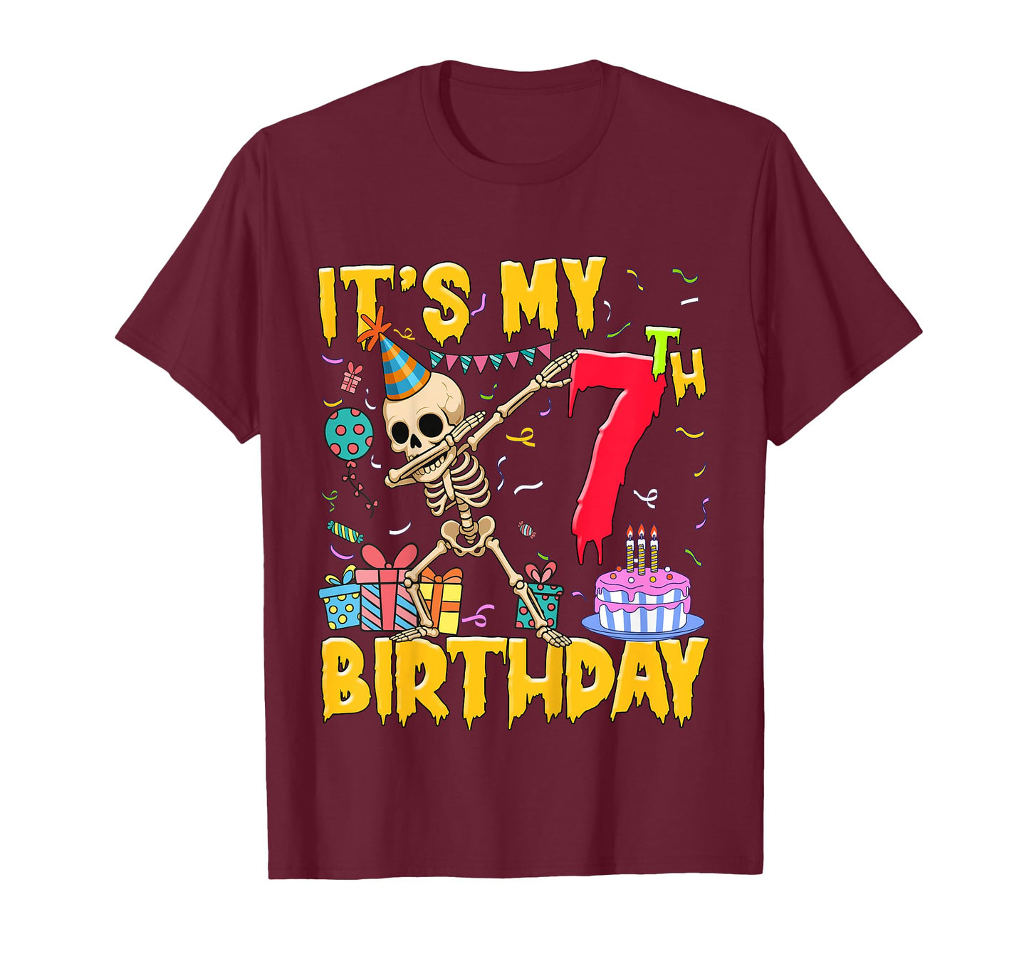 Kids It's My 7th Birthday Party Halloween Skeleton Birthday T-Shirt