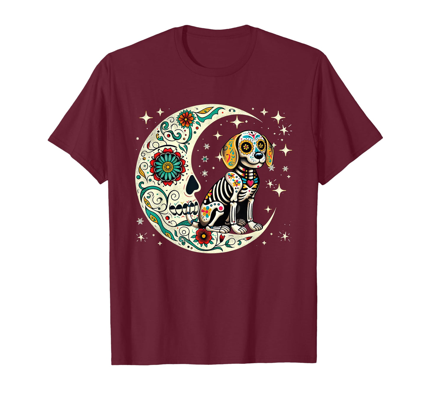 Dia De Los Muertos Halloween Moon Floral Skeleton Beagle T-Shirt