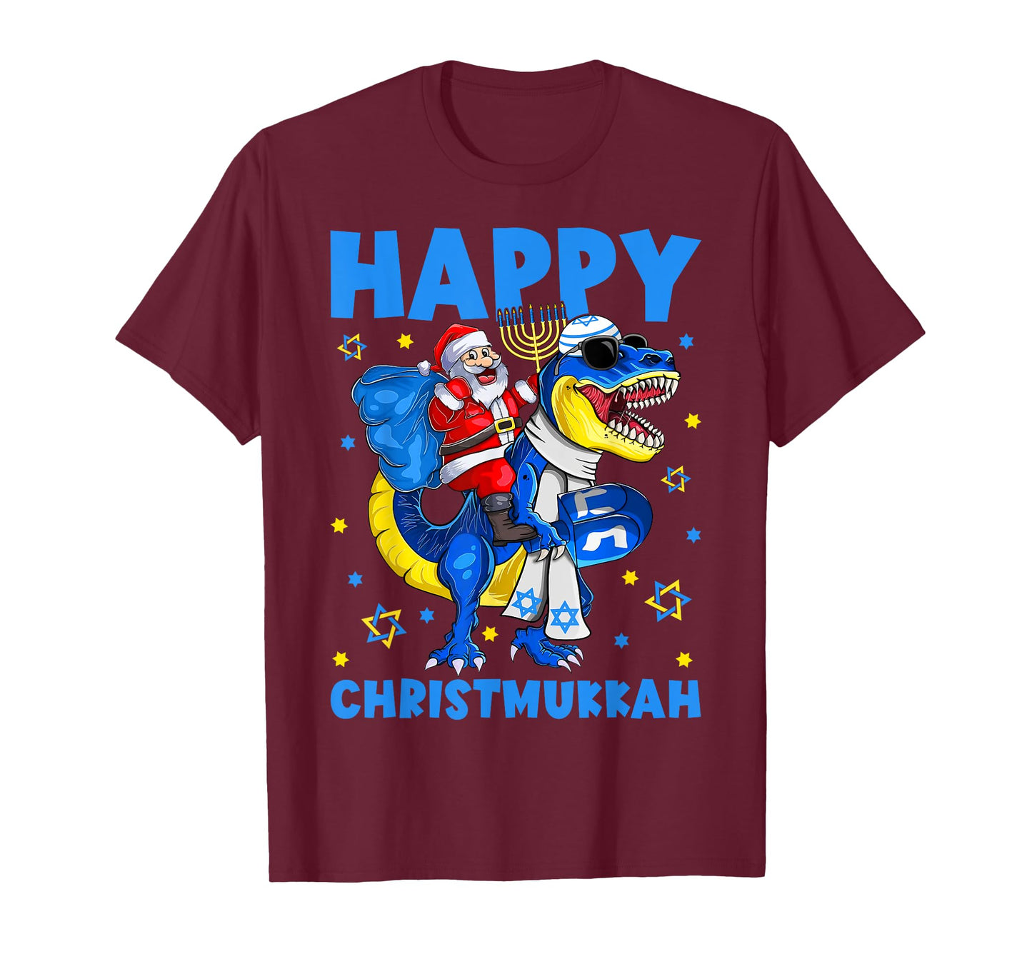 Happy Christmukkah Santa Rides Jewish T Rex Menorah Chanukah T-Shirt
