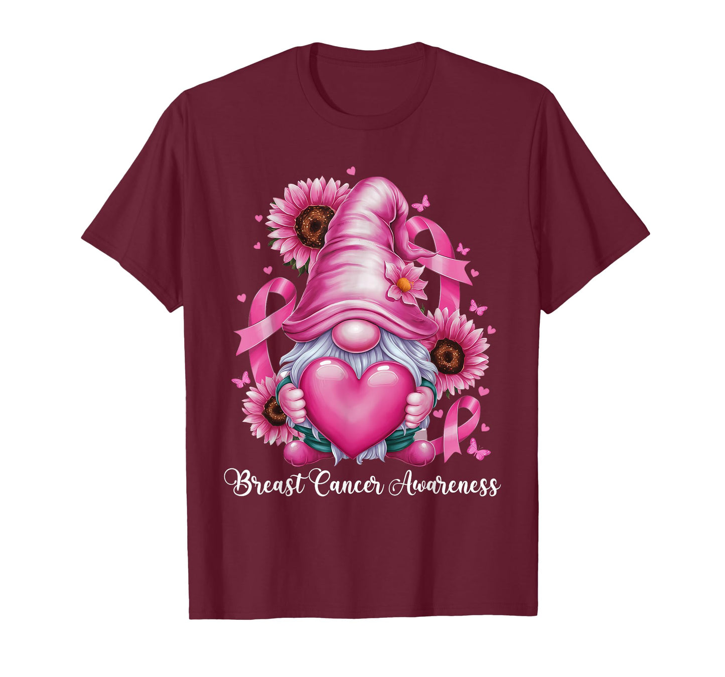 Cute Gnome Breast Cancer Awareness Pink Heart Pink Ribbon T-Shirt