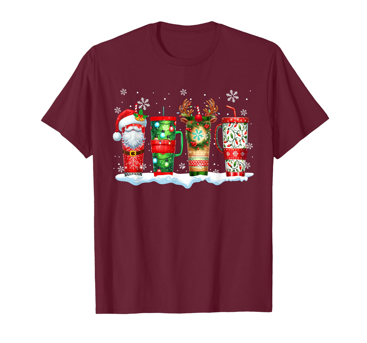 Three Santa Reindeer Elf Tumblers Of Coffee Christmas Lover T-Shirt