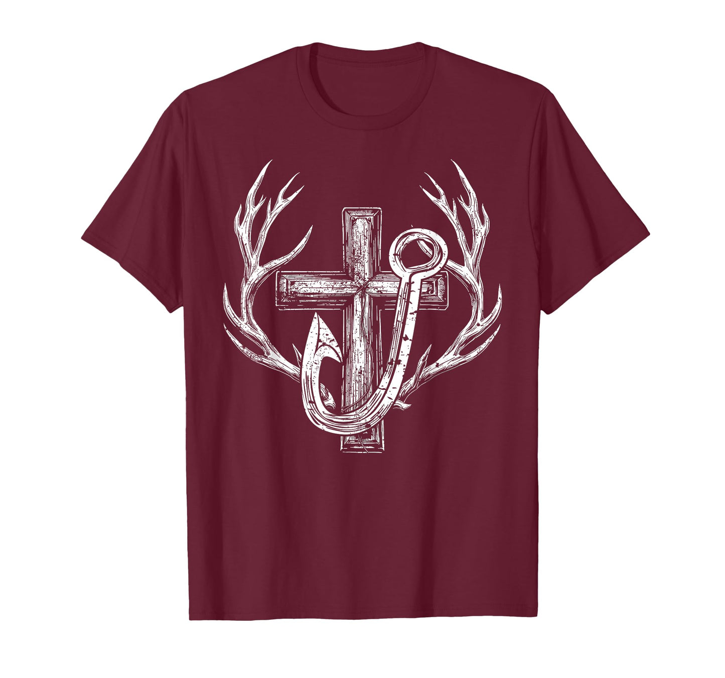 Cross & Fish Hook Deer Hunting & Fishing Lover Dad Christian T-Shirt
