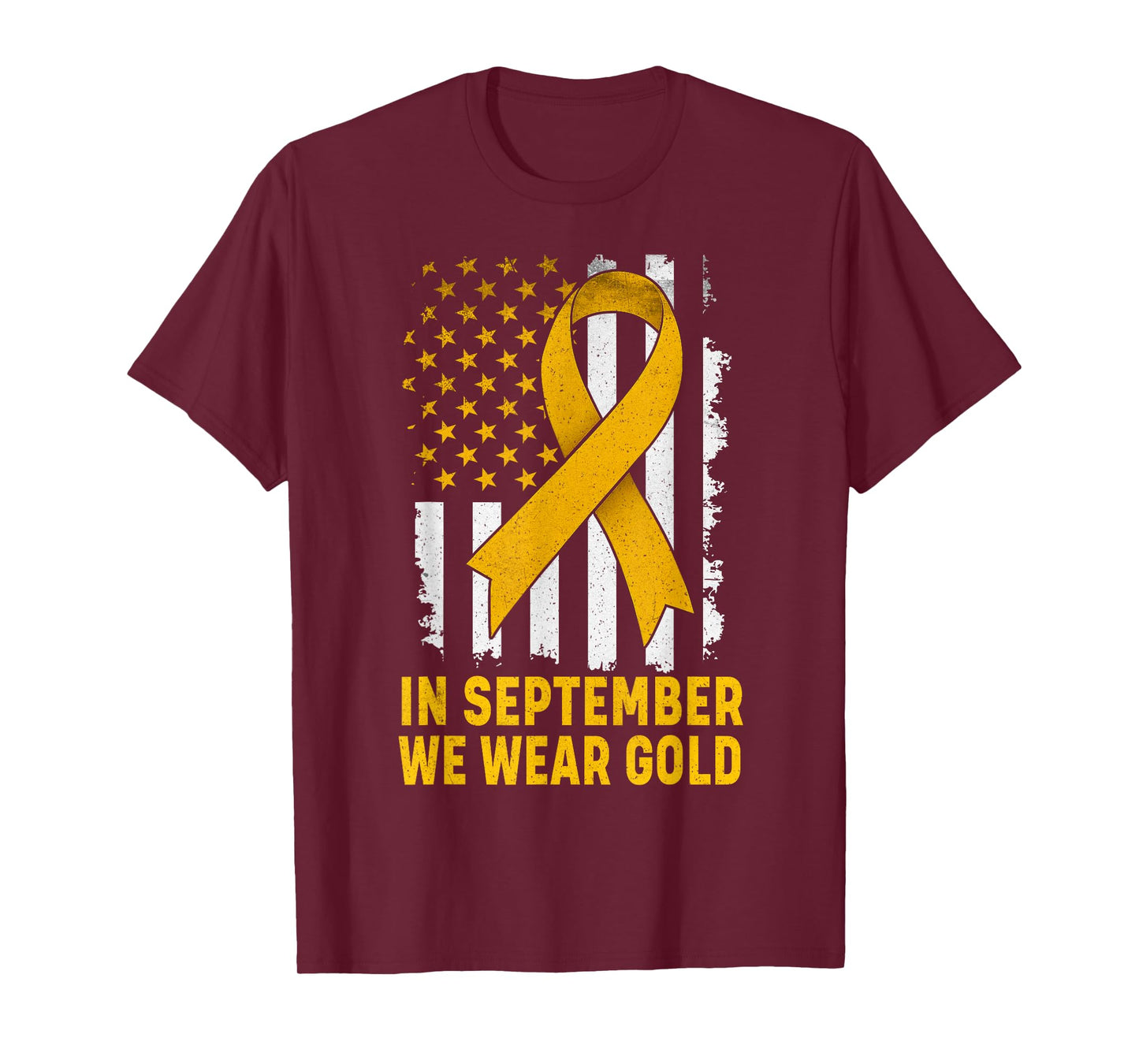 in September We Wear Gold Us Flag Childhood Cancer Awareness T-Shirt