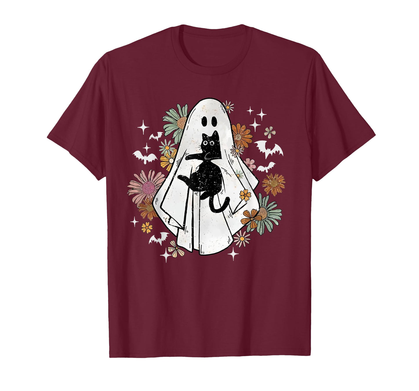 Spooky Ghost Holding Black Cat Groovy Floral Halloween Goth T-Shirt