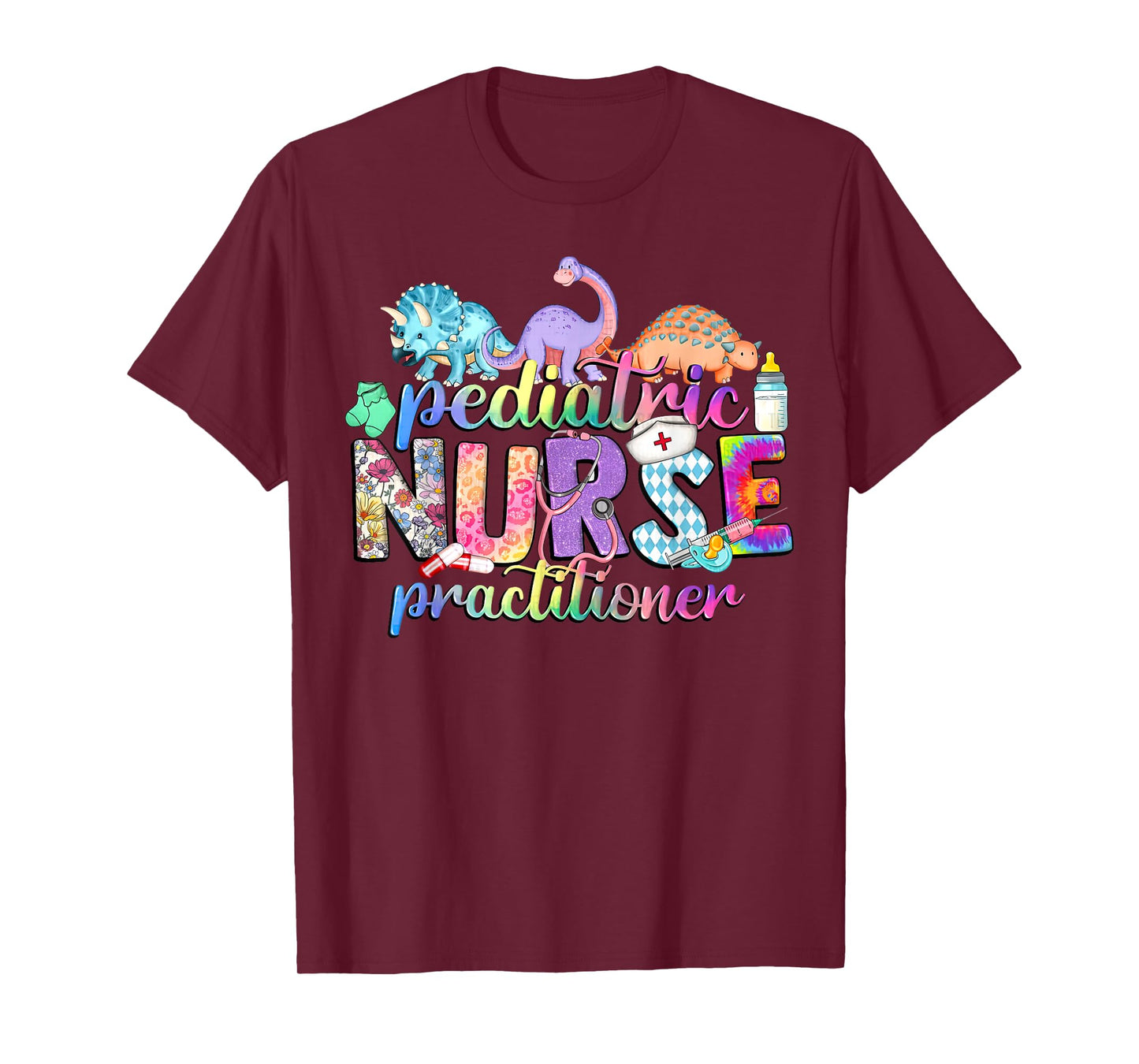 Tie Dye Pediatric Nurse Practitioner Dinosaur NP PEDS Crew T-Shirt