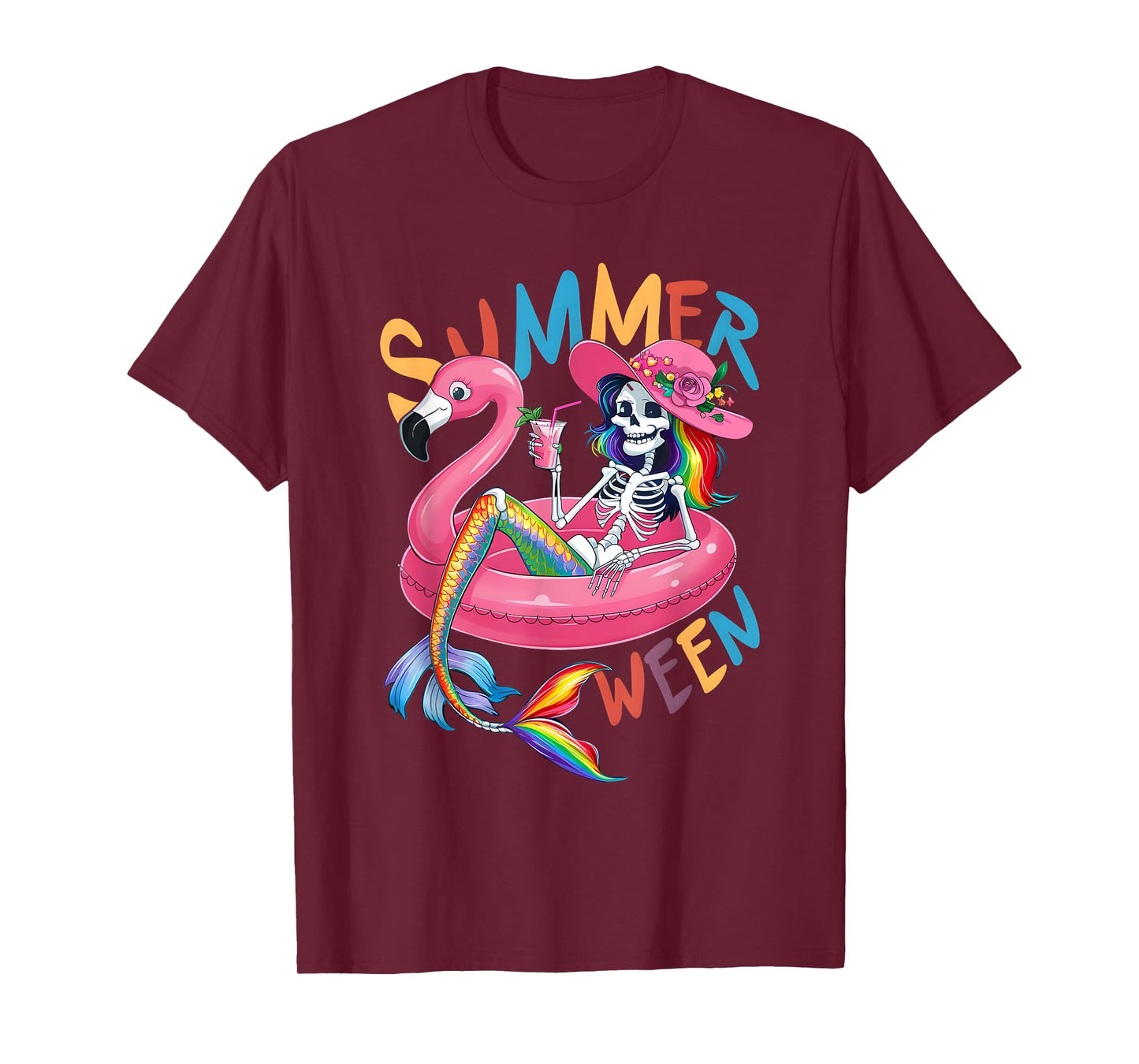 Summerween Mermaid Skeleton Flamingo Summer Halloween Women T-Shirt