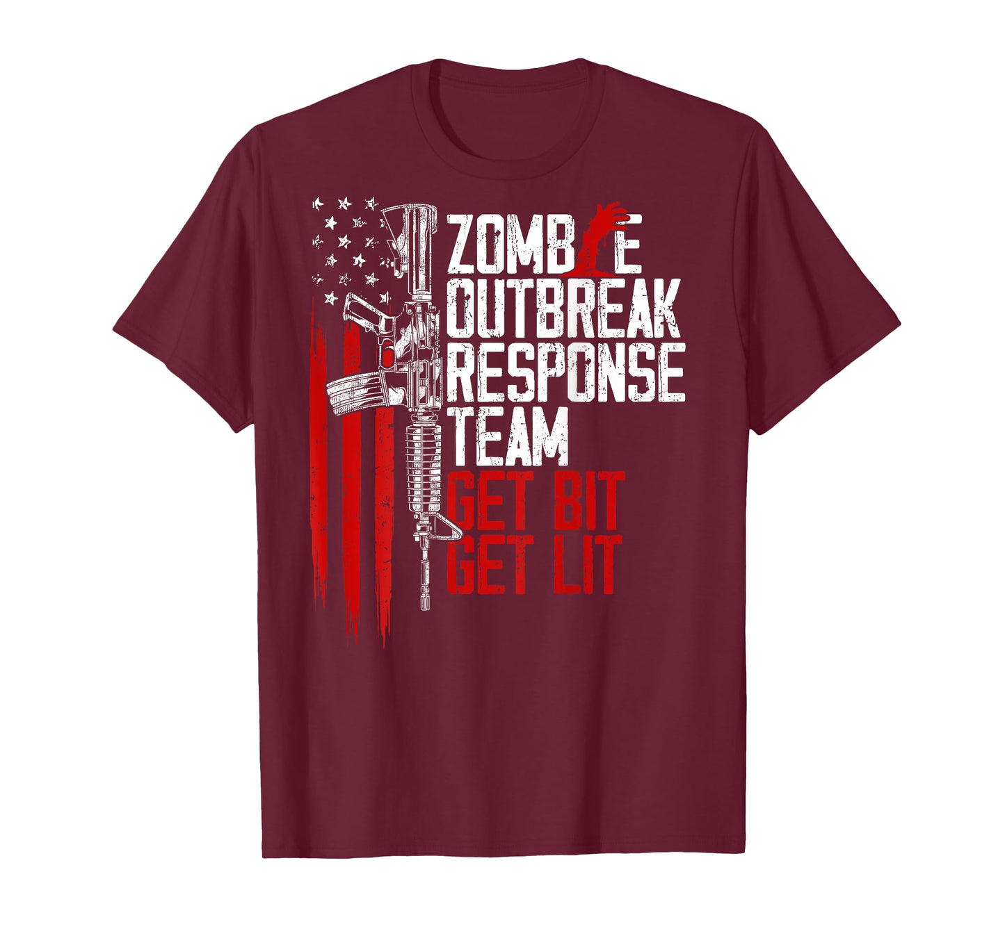 USA Flag Zombie Outbreak Response Team Get Bit (on back) T-Shirt for Women Men