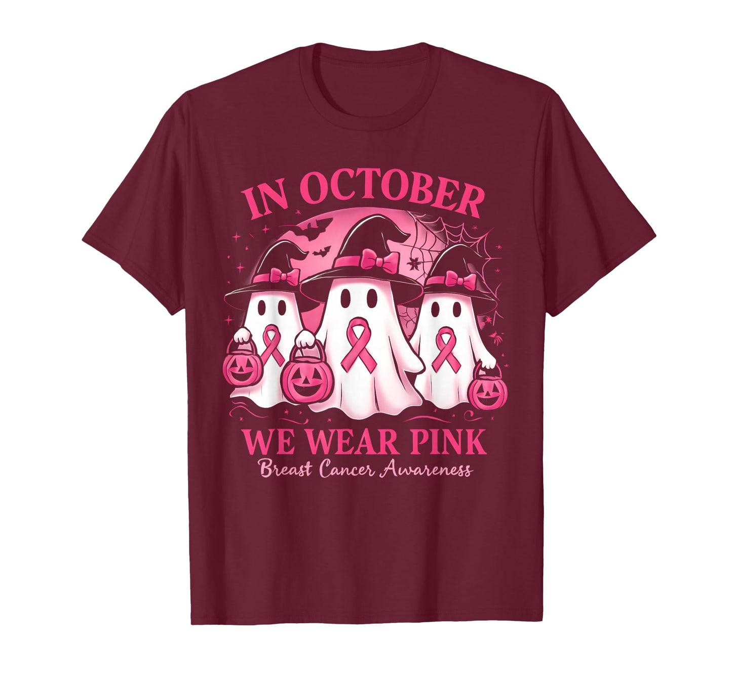 in October We Wear Pink Ghost Halloween Women Breast Cancer T-Shirt