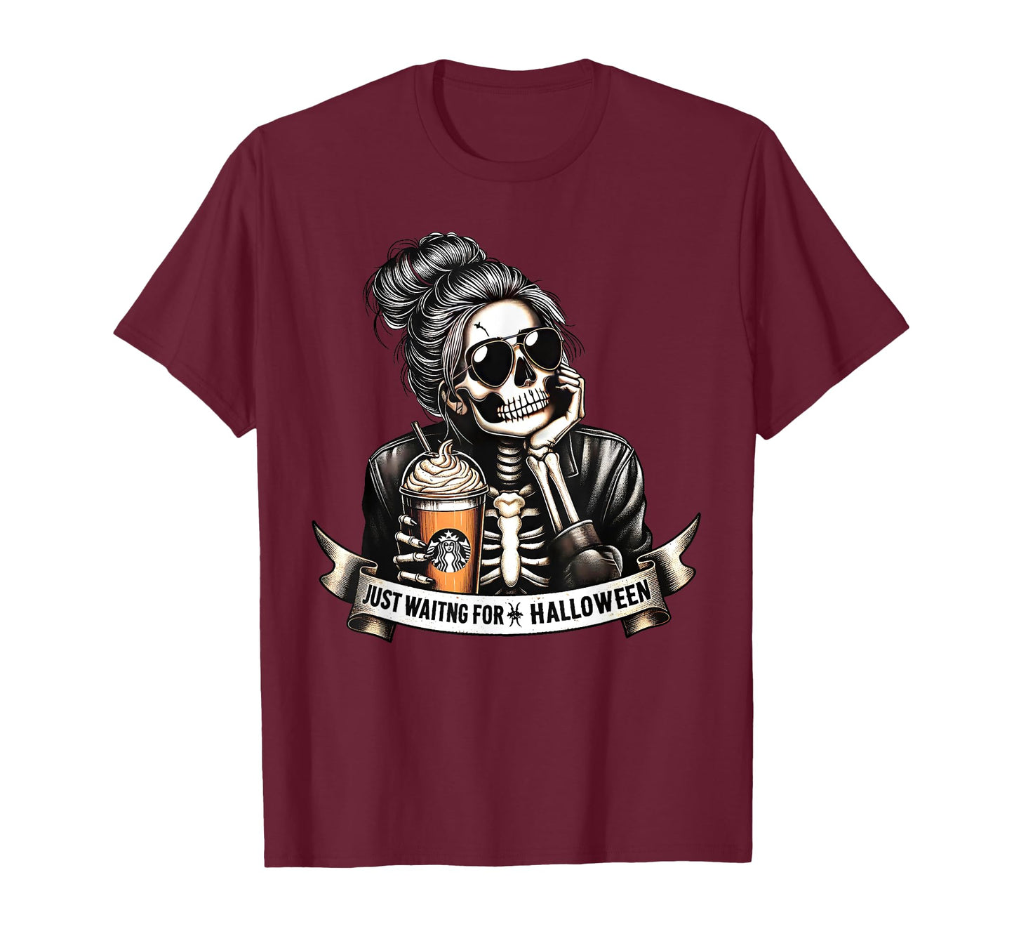 Just Waiting For Halloween Spooky Season Skeleton Coffee T-Shirt